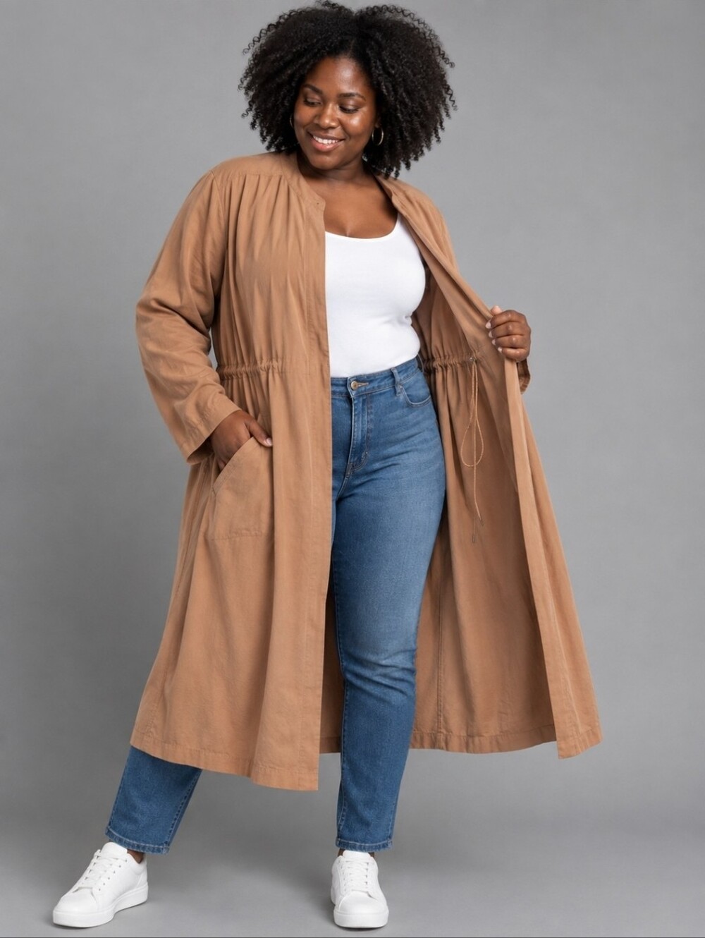 NWT Lane Bryant Open Front Duster Jacket Women's Plus 26/28 Tan Drawstring Waist